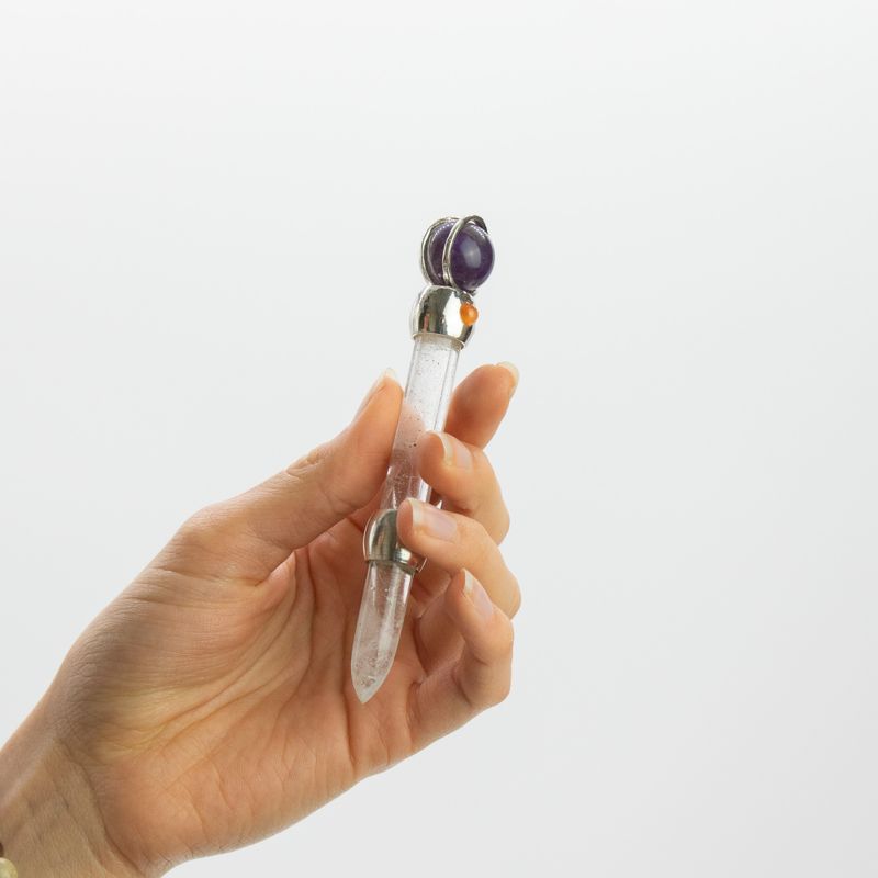 Himmlischer Prisma-Stab - Amethyst bewegliche Kristallkugel Quarzstiel - 12 cm