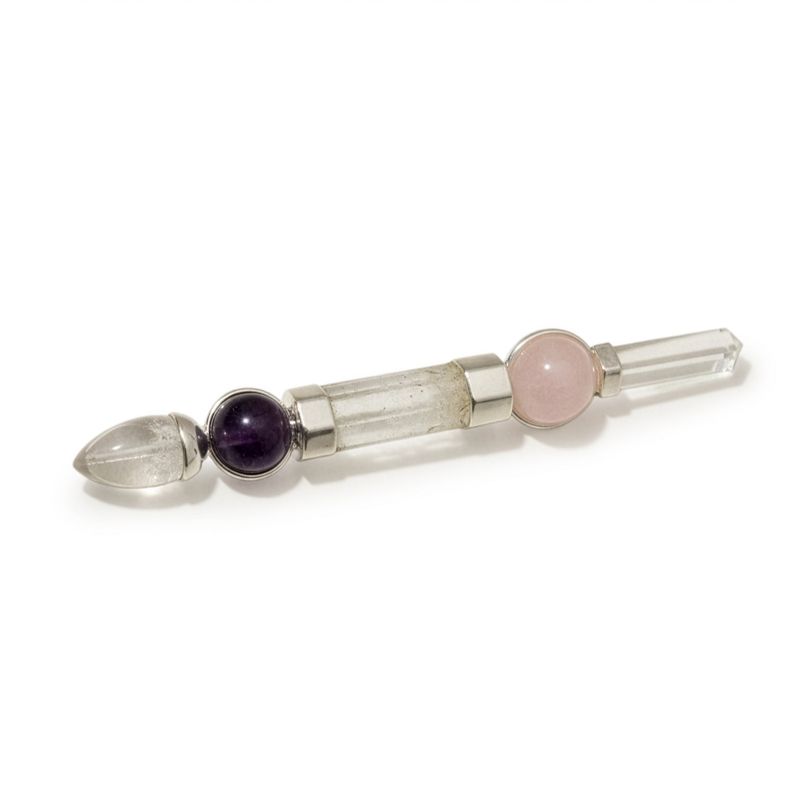 Axis of Grace Wand - Amethyst- und Rosenquarzkugeln, Quarzstiel - 12 cm