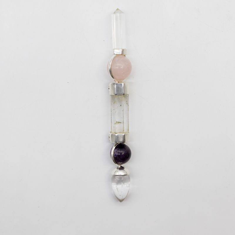 Axis of Grace Wand - Amethyst- und Rosenquarzkugeln, Quarzstiel - 12 cm