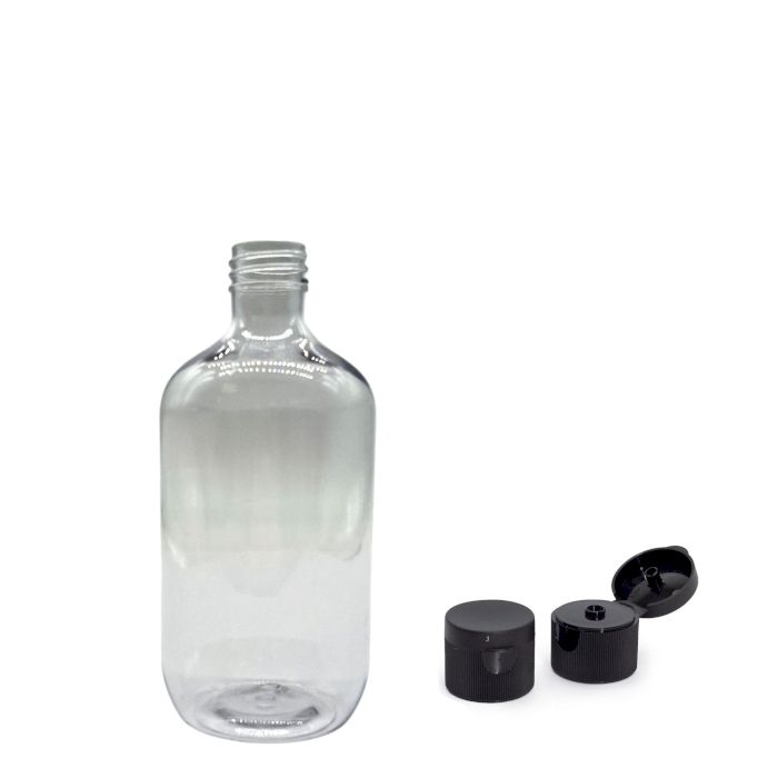 250 ml Boston-Flasche aus klarem Kunststoff mit Klappdeckel 28 mm