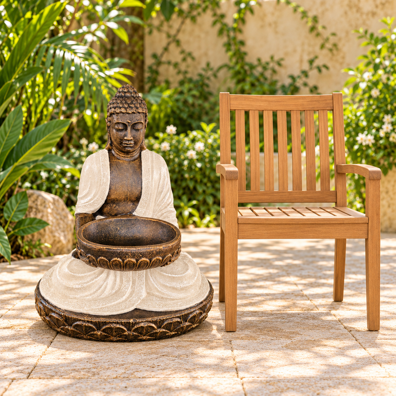 Großer sitzender Buddha aus Sand & Stein mit Schale, 80 cm
