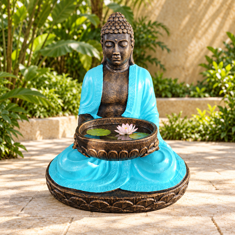 Großer sitzender Buddha mit Schale aus Türkis & Stein, 80 cm