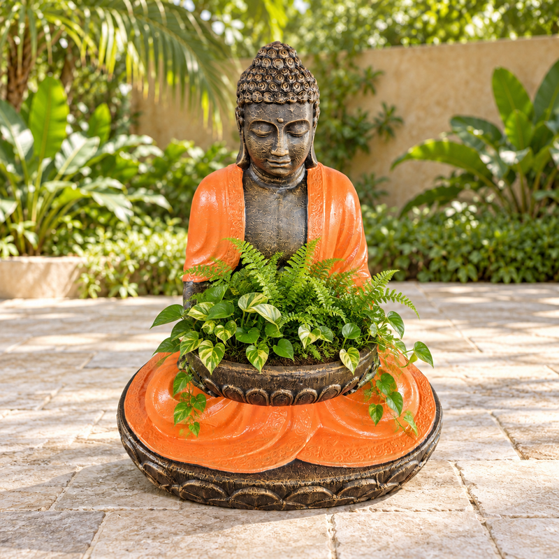 Großer sitzender Buddha aus Terrakotta & Stein mit Schale, 80 cm