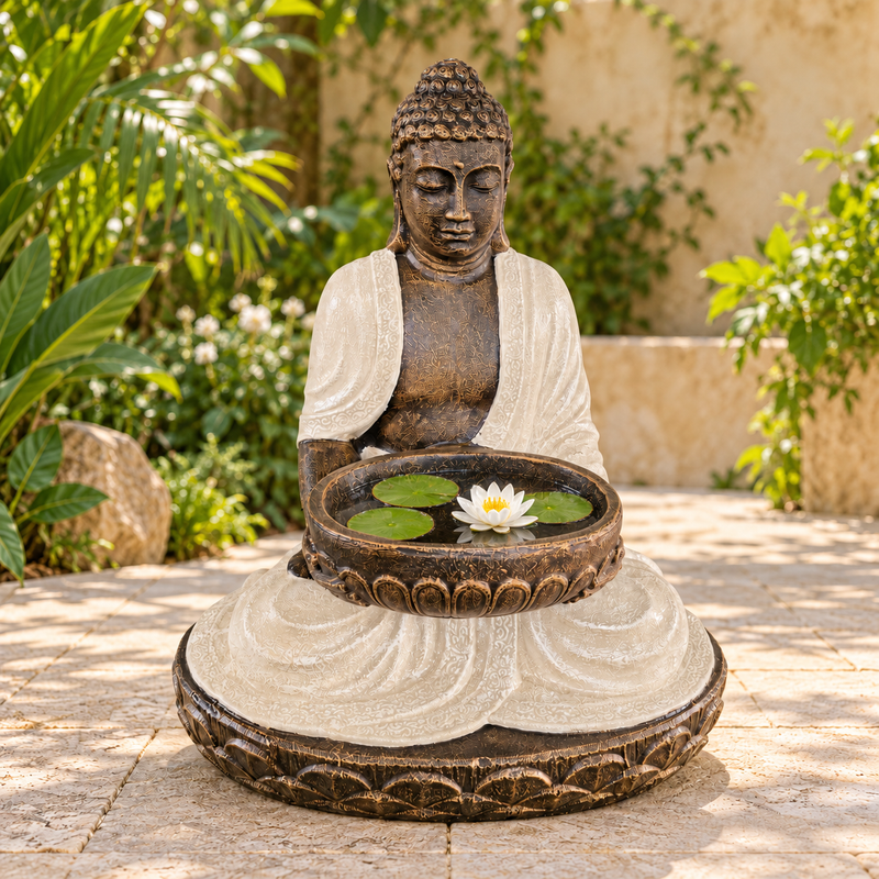 Großer sitzender Buddha aus Sand & Stein mit Schale, 80 cm