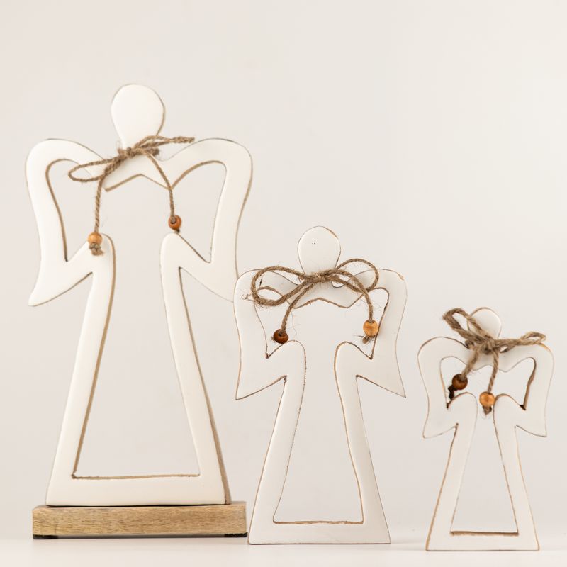 Kleiner Schutzengel aus Mangoholz mit Heiligenschein – weiße Emaille