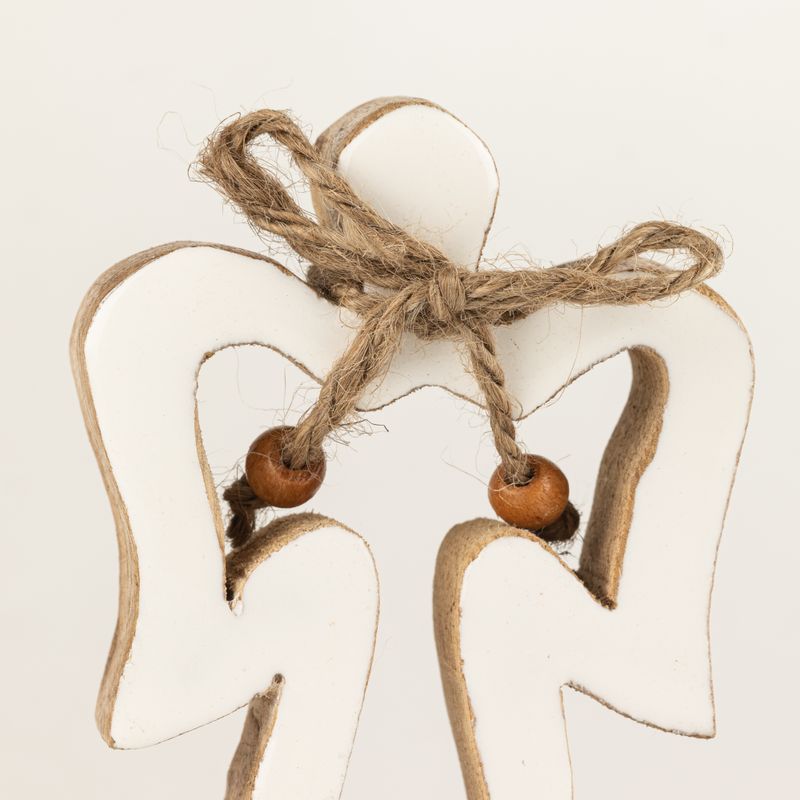 Kleiner Schutzengel aus Mangoholz mit Heiligenschein – weiße Emaille