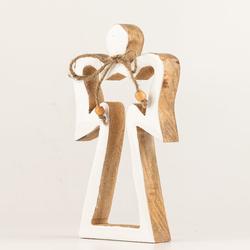 Engel-Figur „Halo“ aus Mangoholz, mittel – weiß emailliert