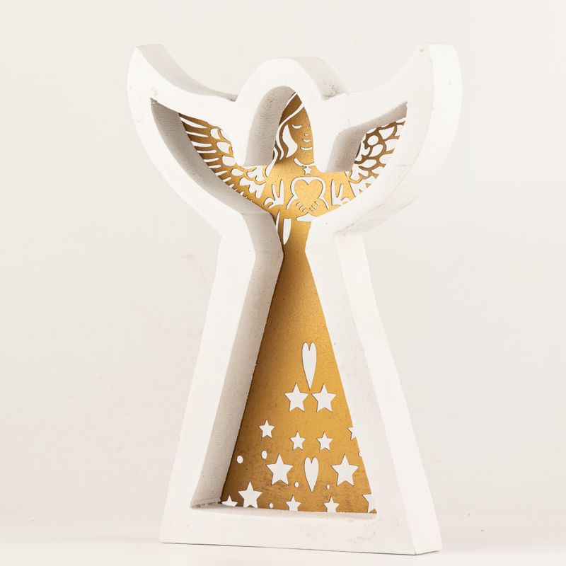 Engel aus Mangoholz – geweißt mit Eisen-Dekorausschnitt – 22cm
