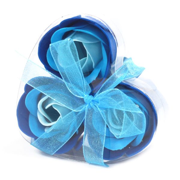 3 Seifenrosen in der Herzbox - blau