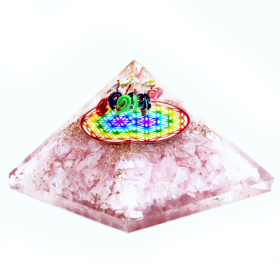 Orgonite Pyramide -  Rose Quartz Rainbow Flower of Life - 70 mm