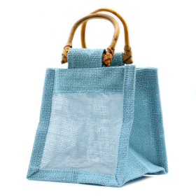 10x Jute und Baumwoll Geschenktasche- Ein Fenster  - Blau