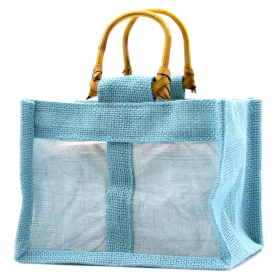 10x Jute und Baumwoll Geschenktasche- Zwei Fenster - Blau