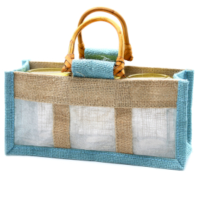 10x Jute und Baumwoll Geschenktasche- Drei Fenster  - Blau