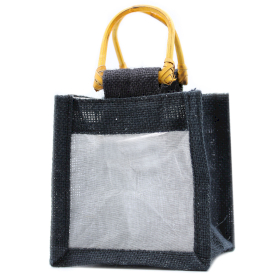 10x Jute und Baumwoll Geschenktasche- Ein Fenster  - Schwarz