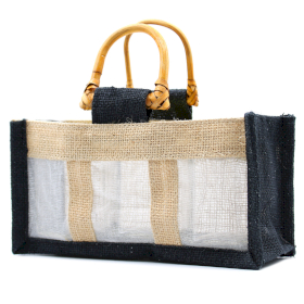 10x Jute und Baumwoll Geschenktasche- Drei Fenster  - Schwarz