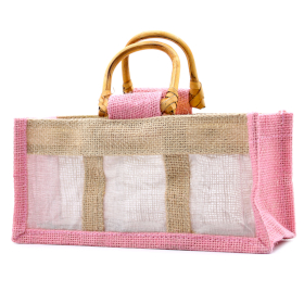 10x Jute und Baumwoll Geschenktasche- Drei Fenster  - Rosa