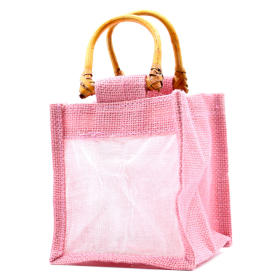 10x Jute und Baumwoll Geschenktasche  - Ein Fenster  - Rosa