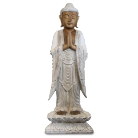 Handgeschnitzte Buddhastatue - 100 cm Herzlich willkommen - Weißgewaschen