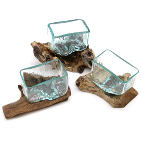3x Geschmolzenes Glas auf Holz mit Ständer- Kleine Schüssel