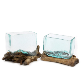 2x Geschmolzenes Glas auf Holz mit Ständer - Mittlere Schüssel