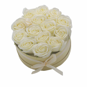 Seifenblumen-Geschenk-Blumenstrauß- 14 Cremefarbene Rosen - Rund