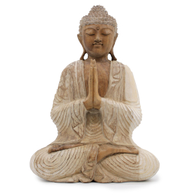 Handgeschnitzte Buddhastatue - 40cm Herzlich willkommen - Weißgewaschen