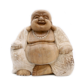 Handgeschnitzte Buddhastatue - 30cm Glücklich - Weißgewaschen
