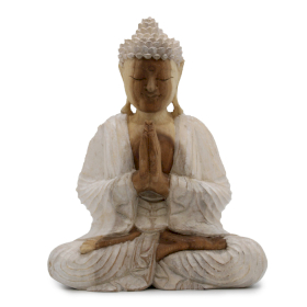 Handgeschnitzte Buddhastatue - 30cm Herzlich willkommen - Weißgewaschen