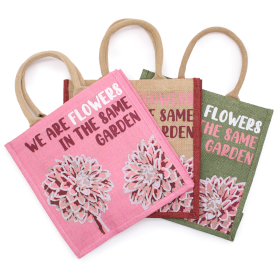 3x Bedruckte Jutetasche- We are Flowers - Oliv, Rosa und Natur