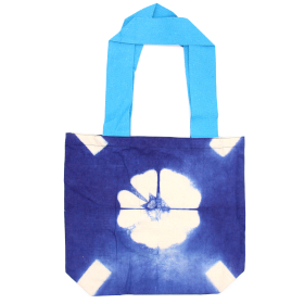 Natürliche Batik-Baumwolltasche (8 Unzen) - 38x42x12cm - Blaue Blume - blauer Griff