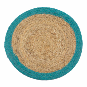 4x Natürliches Tischset - Jute & Baumwolle 30cm- Blaugrüner-Rand