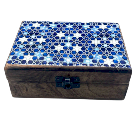 Mittelgroße Holzbox mit Keramikglasur- 15x10x6cm -Blaue Sterne