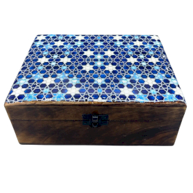 Große Holzbox mit Keramikglasur - 20x15x7.5cm - Blaue Sterne