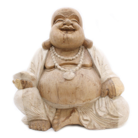 Handgeschnitzte Buddhastatue - 50cm Glücklich - Weißgewaschen