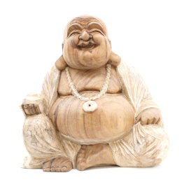 Handgeschnitzte Buddhastatue- 40cm Glücklich - Weißgewaschen