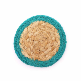 Natürlicher Untersetzer – Jute und Baumwolle 10 cm (4er-Set) – Blaugrüner Rand