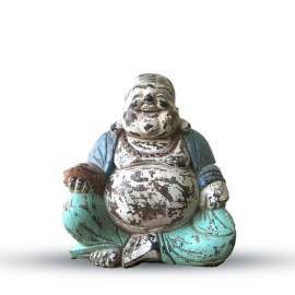 Vintage handgeschnitzte Buddha-Statue-Blau/Mint - 30cm - Glücklicher Buddha