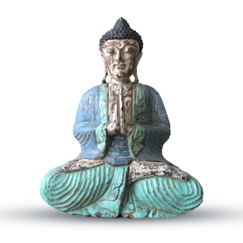 Vintage handgeschnitzte Buddha-Statue- Blau/Mint- 40cm - Willkommen
