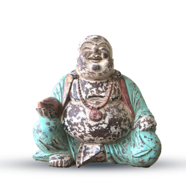 Vintage handgeschnitzte Buddha-Statue - Mintfarbe- 40cm - Glücklicher Buddha