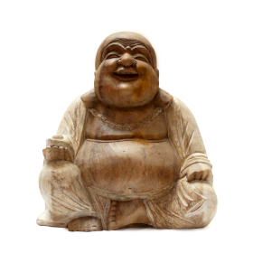 Handgeschnitzte Buddha-Statue – 30 cm, glücklich – weiß getüncht – beschädigt