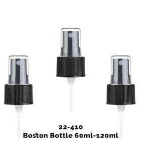 50x Sprühverschluss-für bernsteinfarbene Boston-Flasche (für 120 ml) – schwarzer Kunststoff 22–410 mm