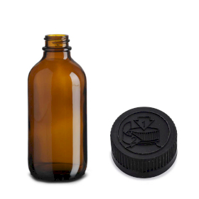 64x 120ml Boston-Flasche aus bernsteinfarbenem Glas mit kindersicherem schwarzem Kunststoffverschluss
