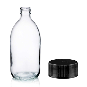 30x 500 ml Medizinflasche aus klarem Glas mit schwarzer Kunststoffkappe