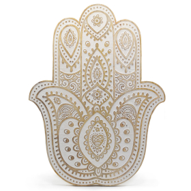 Wandtafel Hamsa aus Mangoholz – Weiß getüncht – 52 cm
