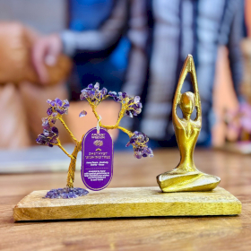 Edelstein-Yoga-Garten – Sukhasana-Pose – Amethyst – Gekippter Baum – 100 Splittersteine