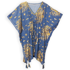 Handbemalter Nomaden-Sari-Kaftan mit seeblauem und goldenem Korallendesign