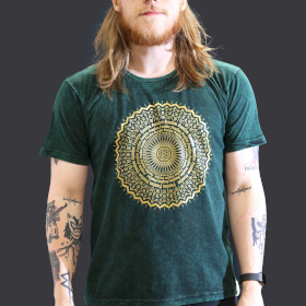 Stone Washed T-Shirt - Mandala - Grün-L