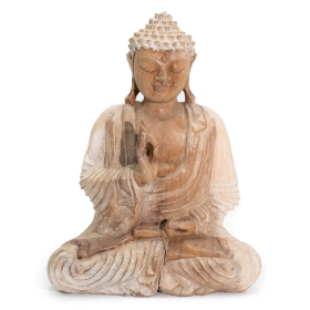 Handgeschnitzte Buddha-Statue – 30 cm, Lehrübertragung – Weiß getüncht